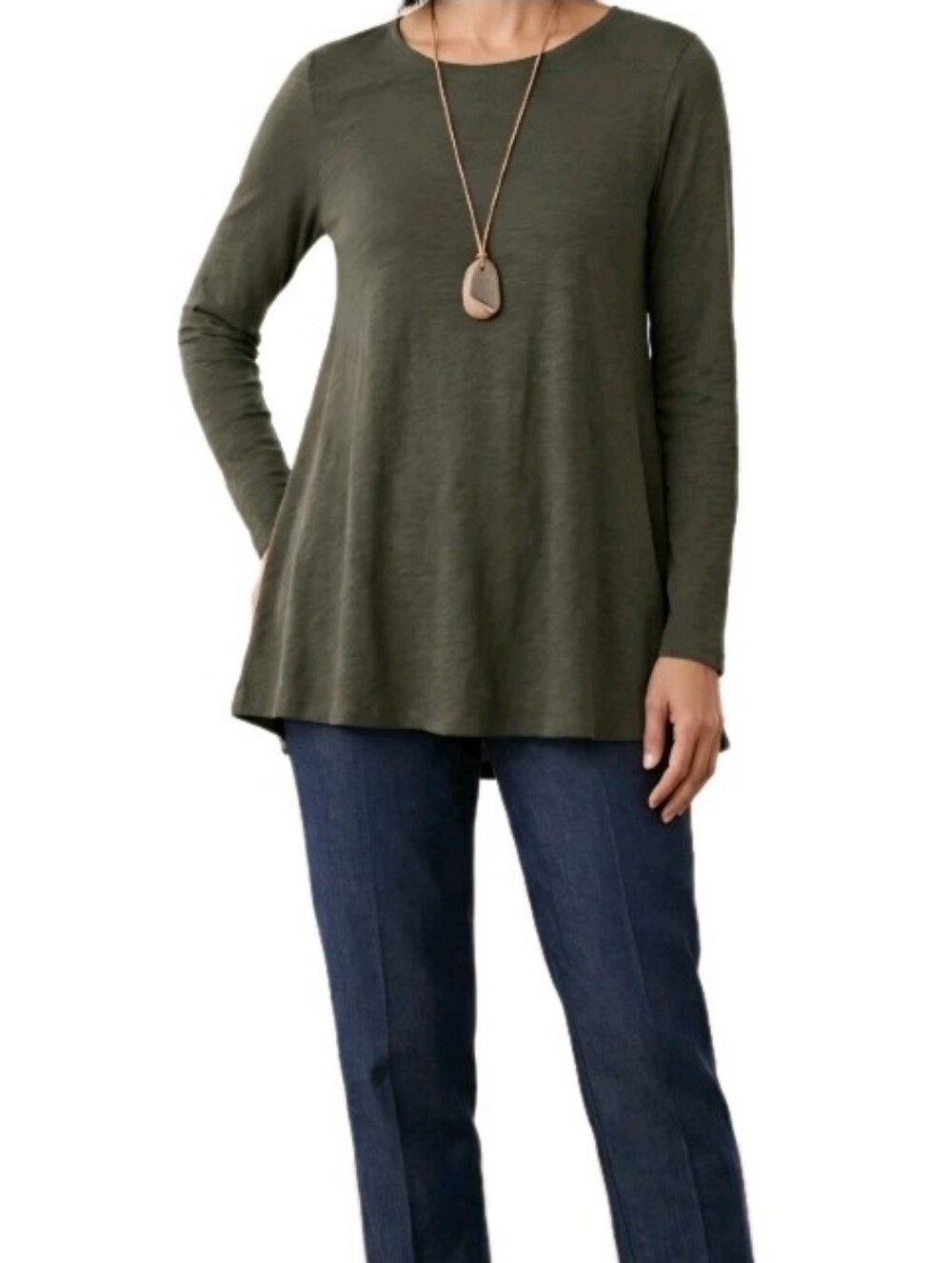 Eileen Fisher Petite Womens Olive Green Long Sleeve Tunic Top Size PM Minimalist